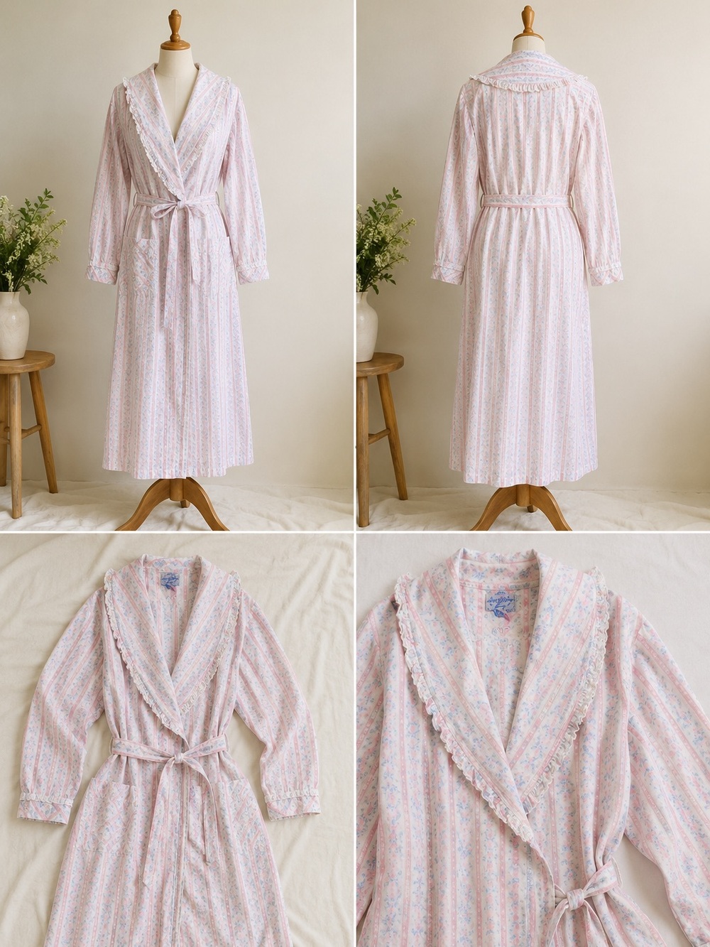 Vintage Lanz of Salzburg 100% Cotton Floral Stripe Wrap Robe - Size XL
